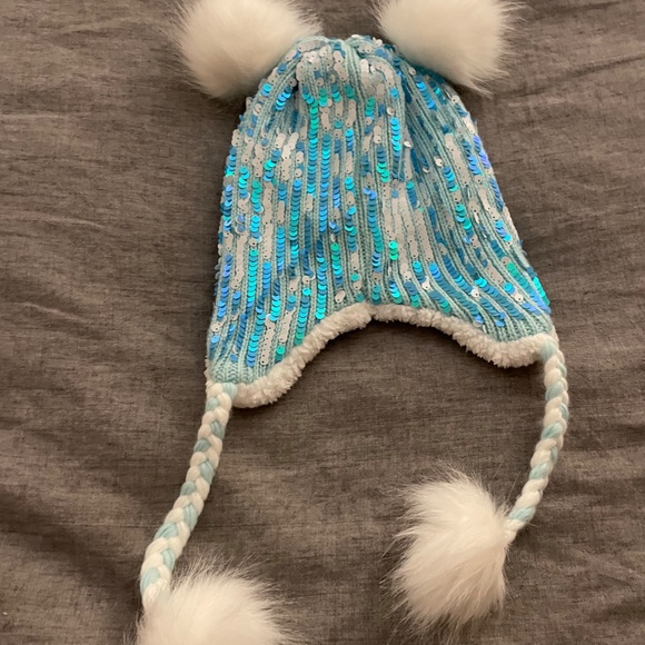 Justice Sequin Initial "H" Pompom Earflap Trapper Blue White Hat Girls - Picture 2 of 2